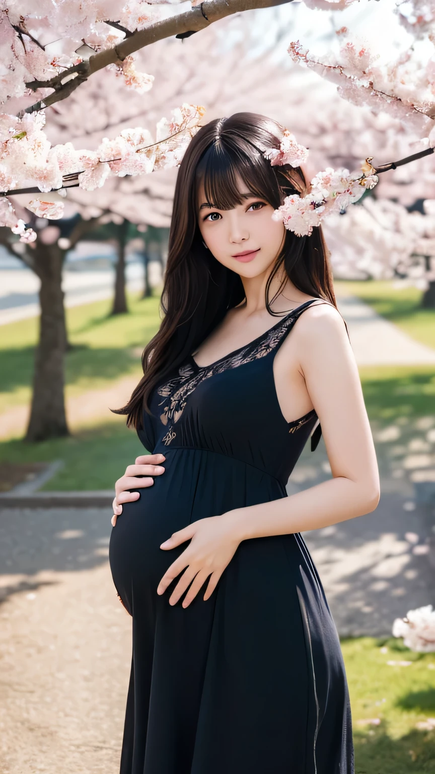 (logo、masterpiece、8k、Tabletop、RAW Photos、wonderful、最high quality、Photorealistic and very detailed CG synthesis 8k wallpaper、high quality、Very detailed、narrative poem、Particle Effects、Dynamic Effects、Depth of written boundary、Cinematic Light、Lens flare、Ray Tracing)、Fantasy、 (1 beauty、dress、dress、Cherry blossom pattern、Black-haired、Beautiful Face、True Face、Beautiful details、eye、Beautiful Skin)、髪がwindで踊る、Hair flutters in wind、Hair bounces、Pink cherry blossom tree、Petals flutter、SakuraFubuki、wonderful view、Morning Glow、Sun in the background、wind、pregnant belly.