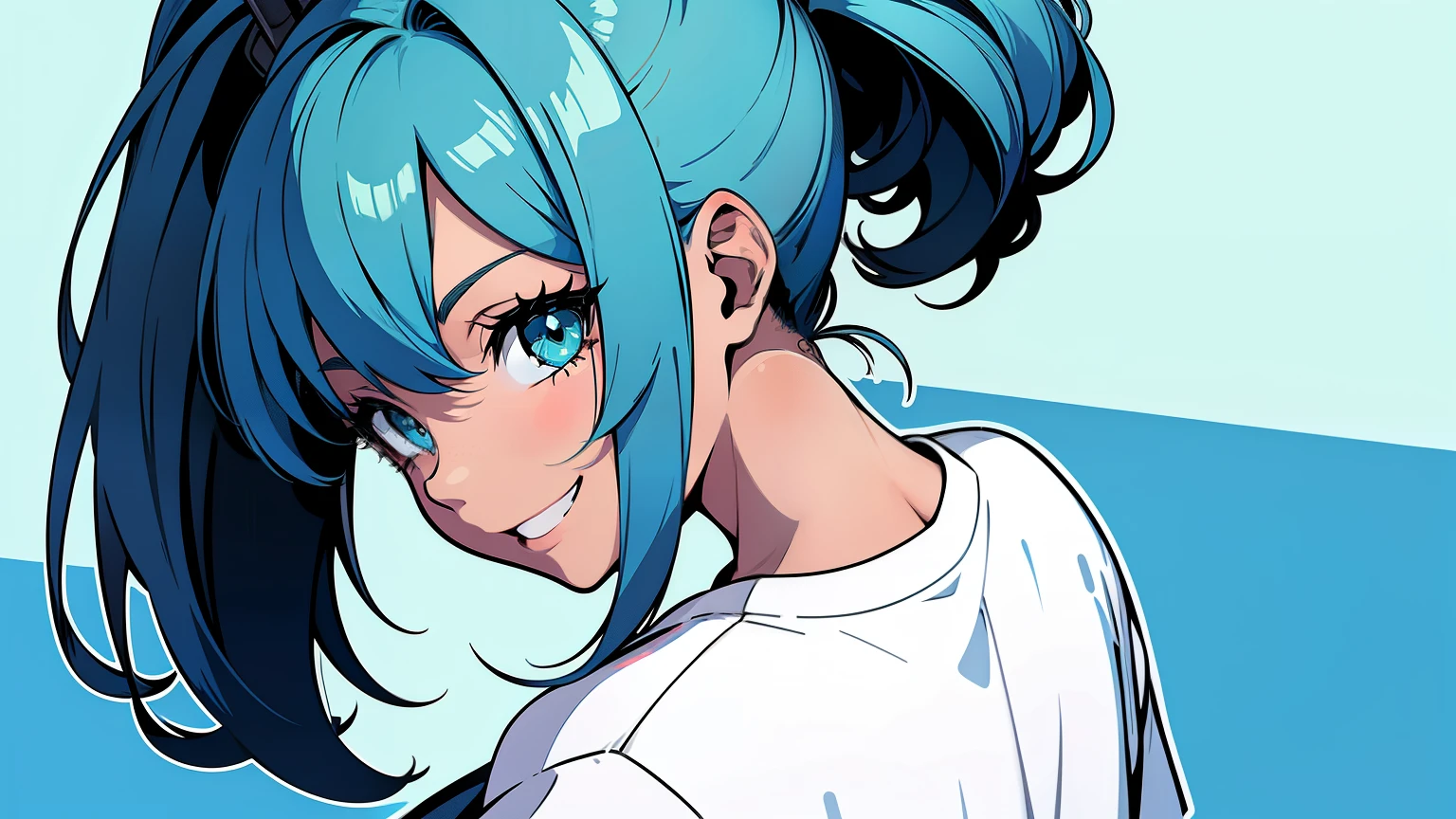 masterpiece, beautiful detailed, 1girl, (Oversized plain T-shirt), baby blue Eyes, baby blue hair, ponytail, medium breasts, hair intakes, ((smile)), ((look back)), blue theme, (((bold outline))), limited palette