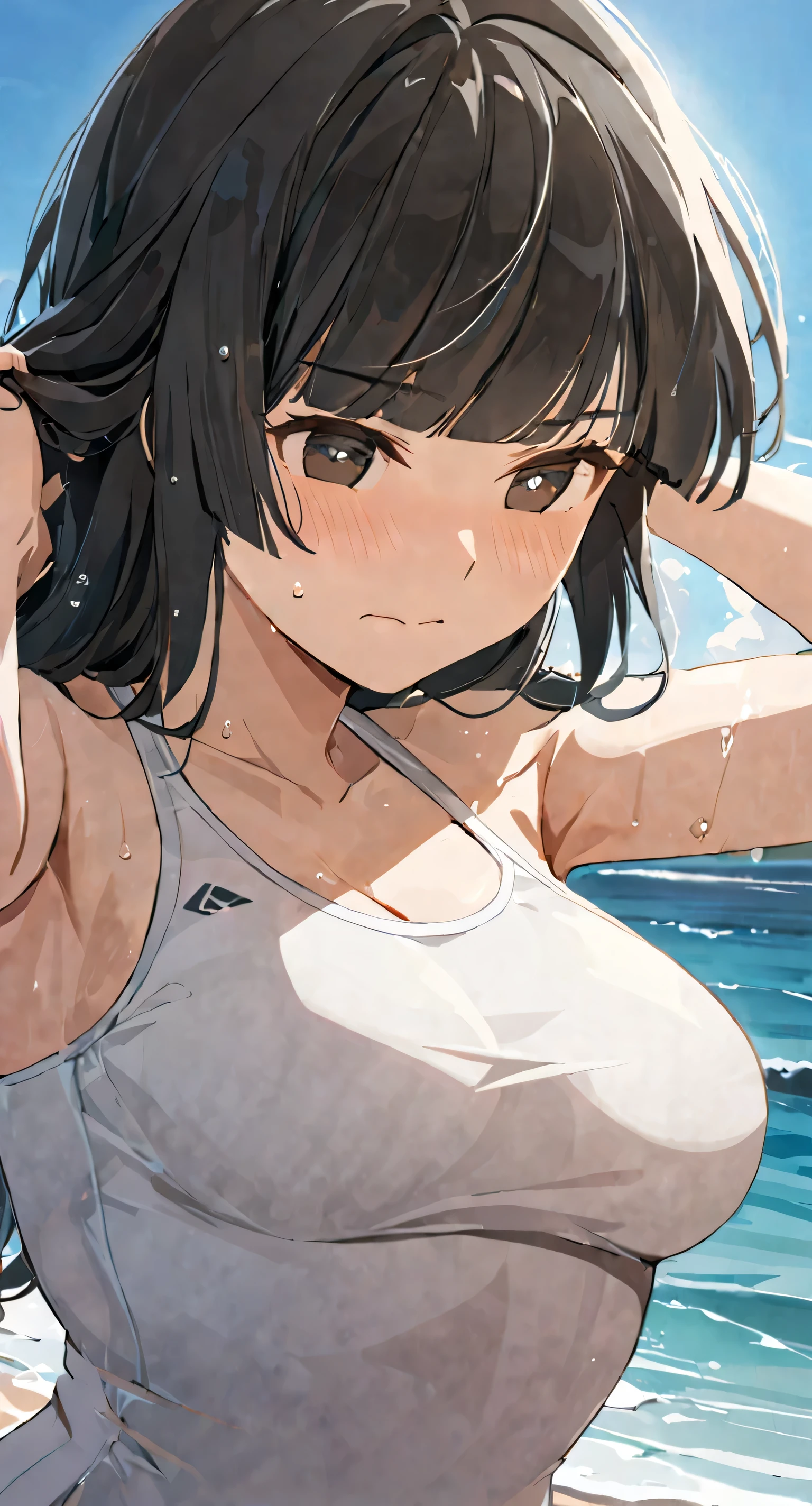 masterpiece,best quality, solo, eda, bangs, black hair, upper body,blue sky,cloud, shy expression, medium breast, hot, thicc, swimsuit , ocean, water, she is tying her hair, she is shy, embarrassed , she is embarrassed, dynamic pose, hiding her chest, close shot, upper body, chubby, dynamic pose