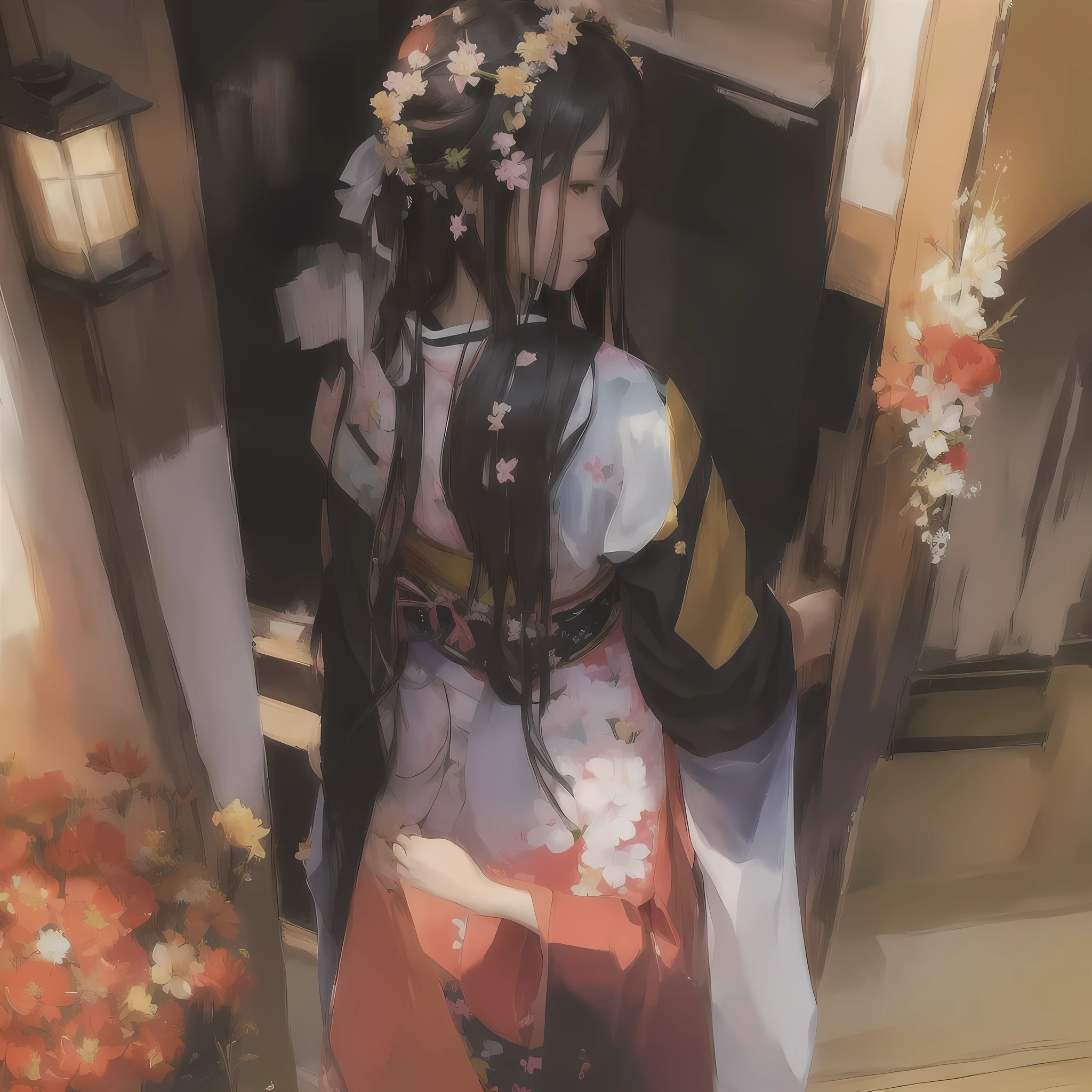 Anime girl in a kimono holding a flower crown, Gwaiz, Gwaiz on Pixiv artstation, artwork in the style of Gwaiz, Gwaiz on artstation Pixiv, by Shimo, Pixiv, Zerochan Art, Pixiv contest winner, Pixiv style, Gwaiz masterpiece, Burning
