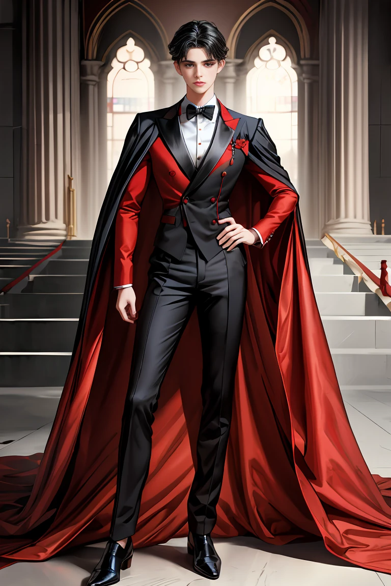 masterpiece, 最high quality, high quality, 1 boy, alone, Male focus, Watching the audience, Messy black hair, Adorable big blue eyes, White, Noble, Noble,A black and red cape that is bursting with sexy volume、Tuxedo、A very voluminous, large, very large, very large, long, long red and black cape with a high stand-up collar, made of a lot of fabric that reaches down to the floor., 17 years old,Cute beautiful boys,Cute, cute, kind, handsome guy