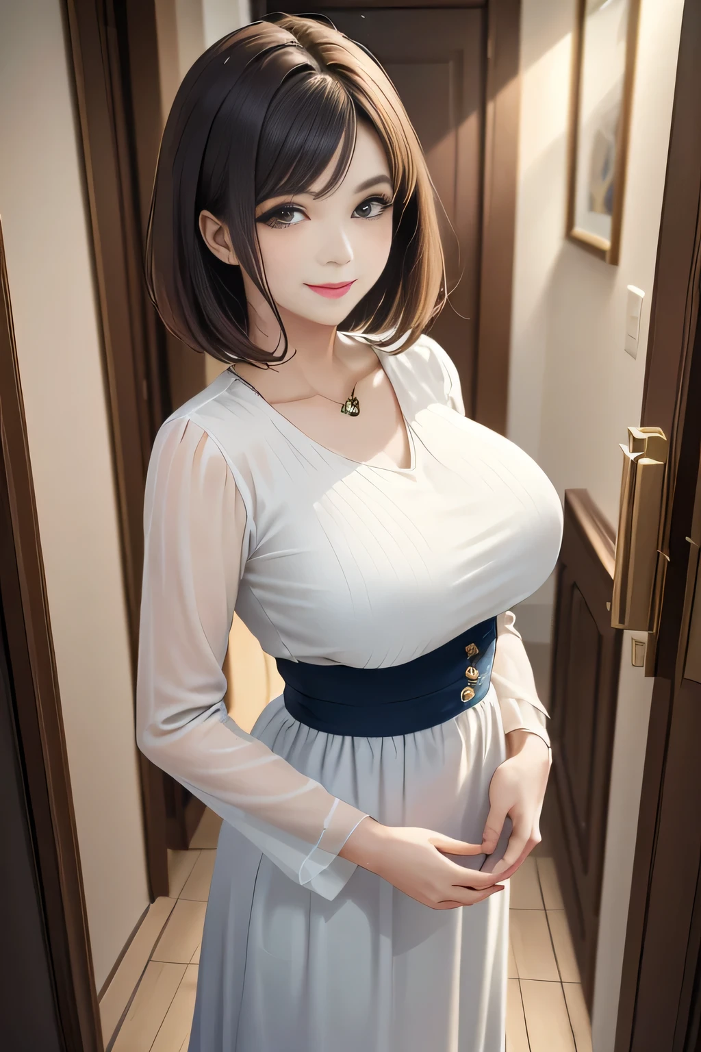 /(Modern house interior/), Only One Woman, Mature Woman, /(blue ribbed 汗er/), bangs, kind, Blushed Smile, (Top quality masterpiece:1.2) Delicate illustrations, Very detailed, Large Breasts、((Elegance)), In front of the entrance door、visit、(Full Shot)),