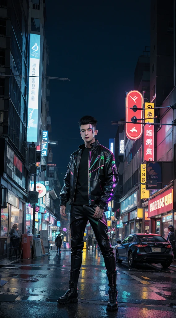 「In the cyberpunk world、A young man dressed in futuristic clothing、He is holding up his middle finger and sticking out his tongue。The young man is in his early 20s、The hairstyle is shaved、He has cybernetic tattoos and lights on his face.、His eyes are glowing like a cyborg。The outfit is a high-tech jacket and boots.、LED lights are scattered throughout the piece as accessories.。The background is a futuristic city at night.、Neon-lit buildings and streets lined with holographic advertisements。The young man's expression was provocative.、Demonstrating a confident attitude。」