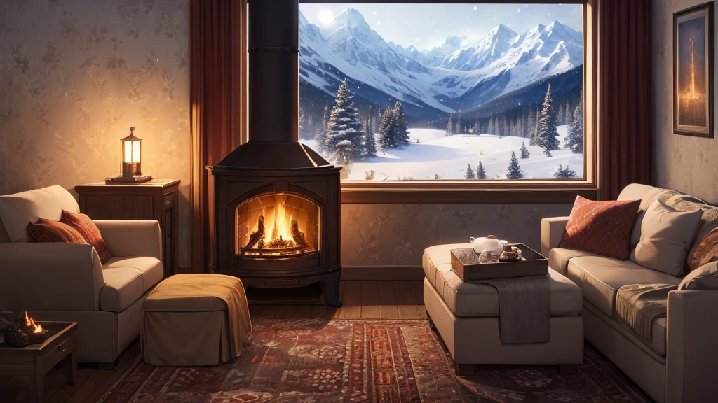 araffe fireplace in a living room with a view of a snowy mountain, cozy wallpaper, cozy place, cozy environment, cozy room, cozy and peaceful atmosphere, cozy atmospheric, cozy home background, cozy and calm, cozy setting, warm beautiful scene, cozy atmosphere, cosy enchanted scene, very cozy, snowy night, cosy atmoshpere