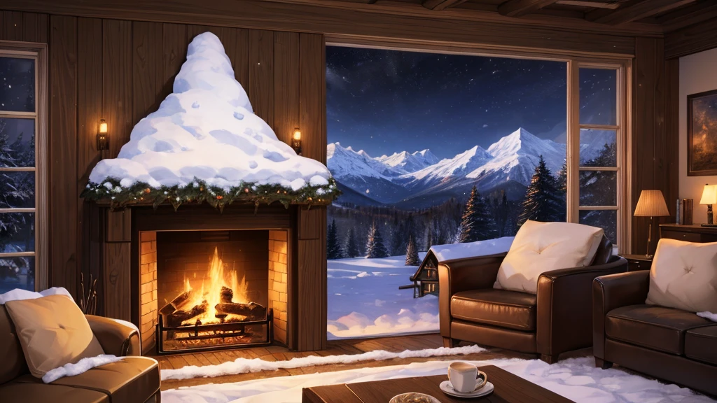 araffe fireplace in a living room with a view of a snowy mountain, cozy wallpaper, cozy place, cozy environment, cozy room, cozy and peaceful atmosphere, cozy atmospheric, cozy home background, cozy and calm, cozy setting, warm beautiful scene, cozy atmosphere, cosy enchanted scene, very cozy, snowy night, cosy atmoshpere