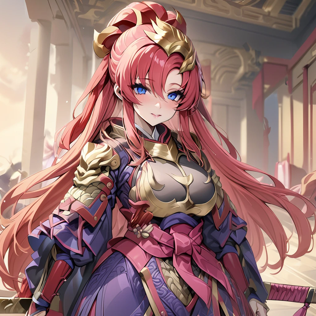 ((Highest quality)), ((masterpiece)), (detailed), (Perfect Face)、The female ancient Chinese warrior is Lacus Clyne, with blue eyes, pink semi-long hair, and is wearing luxurious ancient Chinese warrior equipment, a sword, and a luxurious headdress.、A beautiful female warrior who served the emperor faithfully in the palace of ancient China、Women respect and obey the emperor.