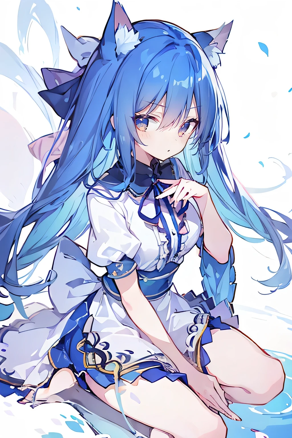 (masterpiece:1.2),ultra-detailed,realistic,expressive eyes,fair-skinned,perfectly shaped face,1girl,
Japanese cartoons,Gorgeous blue hair, flowing blue hair,floating clothes,cat ears,petals falling,beautiful Lola,Hina Angel,
hands on waist,gracefully sitting on the ground,legs crossed,gentle and serene.