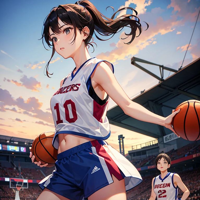 Beautiful girl playing basketball、ponytail、Basketball Uniform、Shorten the shot、The wind lifts the uniform、Abdominal flash