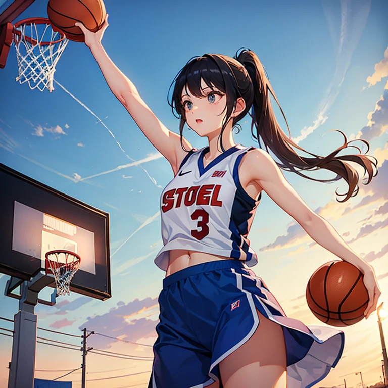 Beautiful girl playing basketball、ponytail、Basketball Uniform、Shorten the shot、The wind lifts the uniform、Abdominal flash