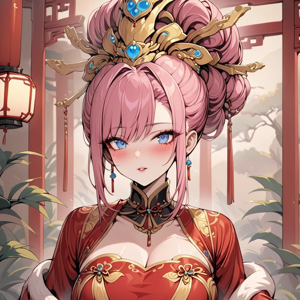 ((Highest quality)), ((masterpiece)), (detailed), （Perfect Face）、The woman with the appearance and hairstyle of an ancient Chinese empress is Lacus Clyne, with blue eyes, medium-long pink hair, wearing a gorgeous red ancient Chinese empress outfit with gold embroidery and trim, a gorgeous empress headdress, her hair tied up like an ancient Chinese empress, and wearing gorgeous accessories. She is a beautiful, gorgeous, and glamorous ancient Chinese empress.