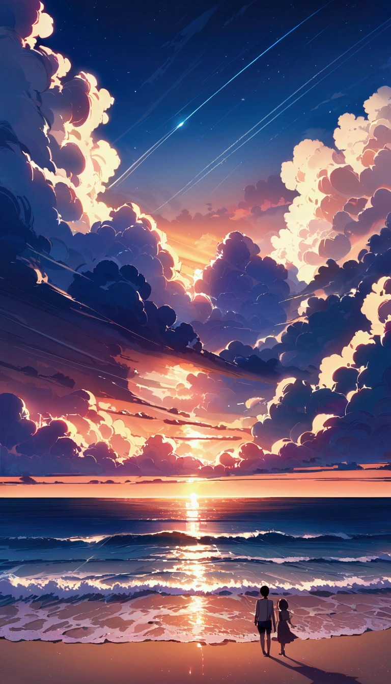 , Ocean, Cumulonimbus, Big Clouds, Sandy Beach, Bright mood, space, The sun&#39;s light illuminates the world, masterpiece, horizontal line, evening, beach,