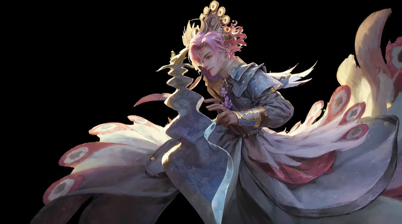 ((absurdres, highres, ultra detailed), 1 boy , front view, young boy, handsome boy villain character from sugar sugar rune, detailed hair with detailed headgear ornaments, detailed short hair, anime eyes, detailed mage clothes with little purple details showing,finely detailed eyes red details showing and detailed face, smirk, dimples, extremely detailed CG unity 8k wallpaper, blue details on side, intricate details yellow details on left, portrait, ruin of pink roses, market theme, eyes on viewer, detailed houses town scenery background