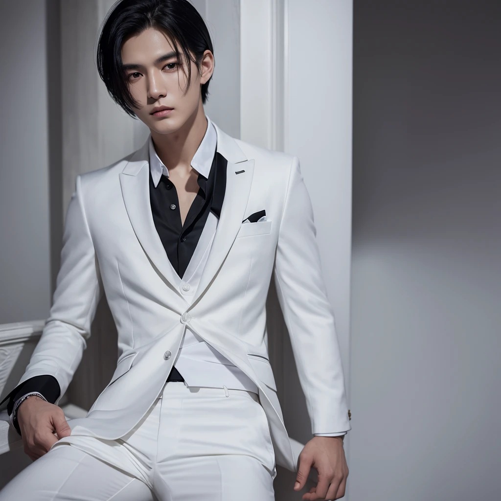 masterpiece, Highest quality, (alone focus), (Perfect Face:1.1), (Attention to detail:1.1), (Ultra-detailed eyes), dramatic, A man with white skin and long, voluminous black hair, White eyes, alone, Short Hair,moon, night, White luxury suit, Covered navel,