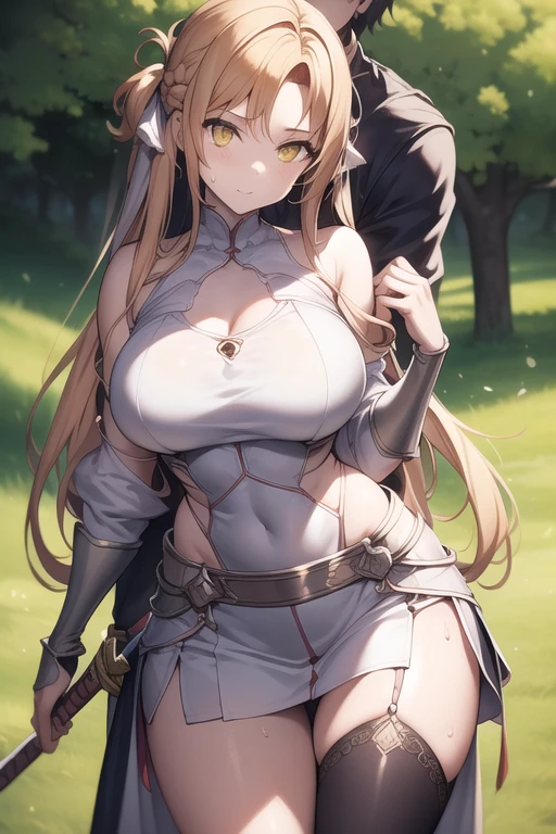 NSFW, uncensored, One girl, One strong, heavily armed man, Two people having a party, Light carmine hair, Yellow Eyes, Braiding, french Braiding, Long Hair, Twin tails, Both sides up, Sweat, Hot body, Glowing Skin, gentle eyebrows, Bright red face, Captivating Eyes, (pulling 日本ese sword from sheath on waist), 
No mask, No anal sex, No peace, Do not bite cloth or strings,
(((Large Breasts))), outside, An open grassland in the forest,
White dress style armor, Katana with sheath on left hip, 白いleotard風の革鎧と胸元が開いたドレス風の衣装, Metallic white alloy armor, The sturdy metal armor on her chest is worn over her clothes, encasing her breasts like a bra., Wearing hard metal armor with light pink trim around the edges, He was wearing sturdy white metal armor and gauntlets from his arms to his fingertips., Legs are made of full metal plate armor, Place々The gold decoration is used as an accent., The pleated white miniskirt is short enough to reveal her panties and has gold trim and accent colors on the edging.. On top of that, he wears large metal waist armor that can hold multiple cross belts on both sides of his waist to secure his weapons., A katana in a sheath is worn on the left hip., Several leather pouches on the right hip, A leather bag large enough to hang from the hip is attached to the back of the waist., 
(((Clothing))), (((コスチュームはoutsideさずオーバーハイニーソックスを履いている))), 
A man&#39;s monster cock will never be inserted into his ass, 

From before, Man and woman hugging each other, The weapon is a traditional Japanese katana daito and a sheath, The katana and scabbard are attached to a holder on the left hip., A sword worn on the left waist, 
A heavily armed, burly man is standing right behind her with his hands around her waist., A man who is taller than her puts his hands around her waist from behind and holds her close., 
With her free hand, she lifts up her skirt to show off her panties., パンティーはマイクロビキニのような白とピンクのストライプビキニをSweatで濡らして透けさせていた, The silk fabric is digging into the vagina and causing wrinkles.,
break covered navel, elbow gloves, gloves, leotard, Thigh straps, 
break looking at viewer, 
break indoors, 
break anal sex, monster cock anal sex,
break (masterpiece:1.2), Highest quality, High resolution, unity 8k wallpaper, (figure:0.9), (Beautiful attention to detail:1.6), Highly detailed face, Perfect lighting, Highly detailed CG, (Perfect hands, Perfect Anatomy), 