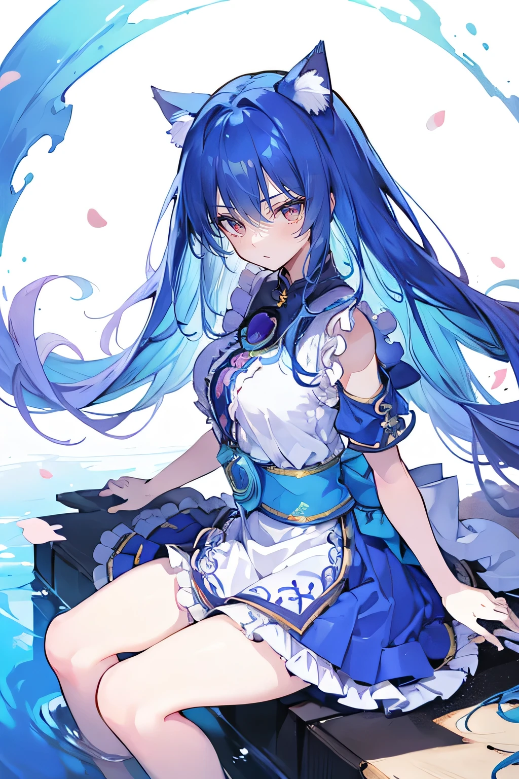 (masterpiece:1.2),ultra-detailed,realistic,expressive eyes,fair-skinned,perfectly shaped face,1girl,
Japanese cartoons,Gorgeous blue hair, flowing blue hair,floating clothes,cat ears,petals falling,beautiful Lola,Hina Angel,
hands on waist,gracefully sitting on the ground,legs crossed,gentle and serene.