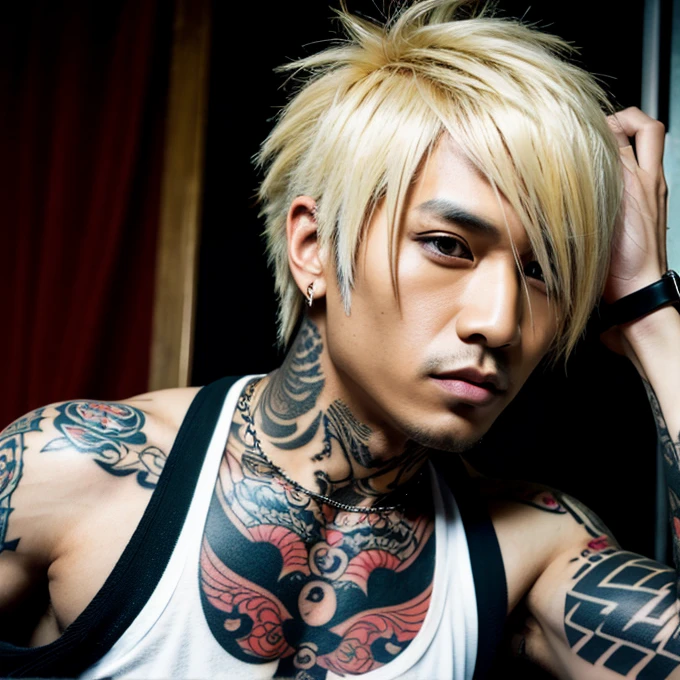 Japanese gothic rocker man, male, Asian eyes, muscular, broad shoulders, yakuza tattoos, hairstyle Visual Kei style, hair Visual Kei, black men's shirt and black pants, ultra detailed face, hyperrealistic, realistic representation, 30 years old, age 30 years,, blonde hair