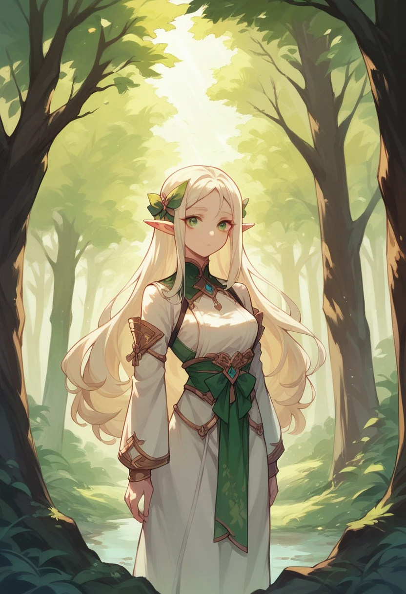 elf girl,white skin,blond,long hair,standing green world,so beautiful face,japanese manga style,sunlight filtering through trees,thin wear,have a bow
