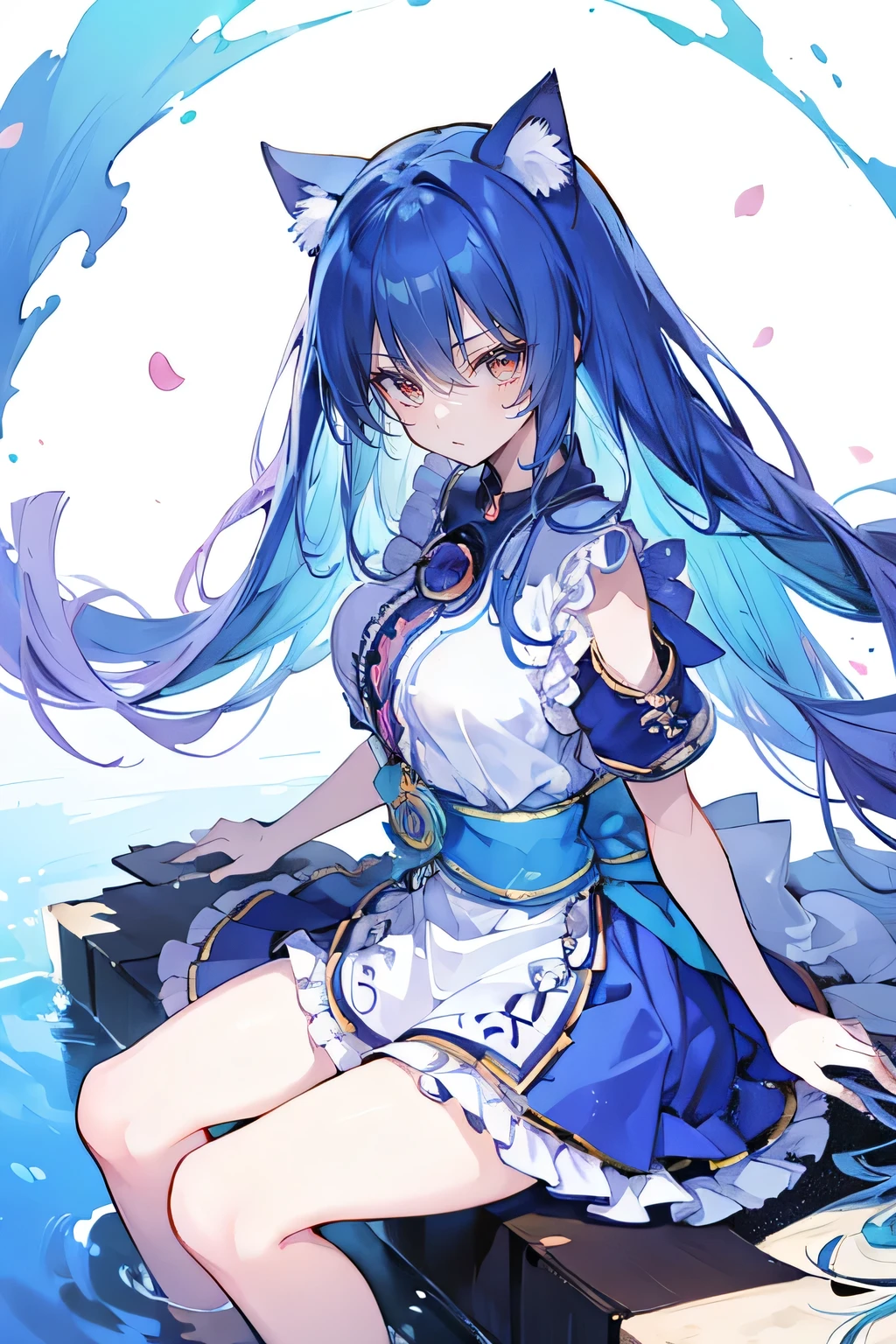 (masterpiece:1.2),ultra-detailed,realistic,expressive eyes,fair-skinned,perfectly shaped face,1girl,
Japanese cartoons,Gorgeous blue hair, flowing blue hair,floating clothes,cat ears,petals falling,beautiful Lola,Hina Angel,
hands on waist,gracefully sitting on the ground,legs crossed,gentle and serene.