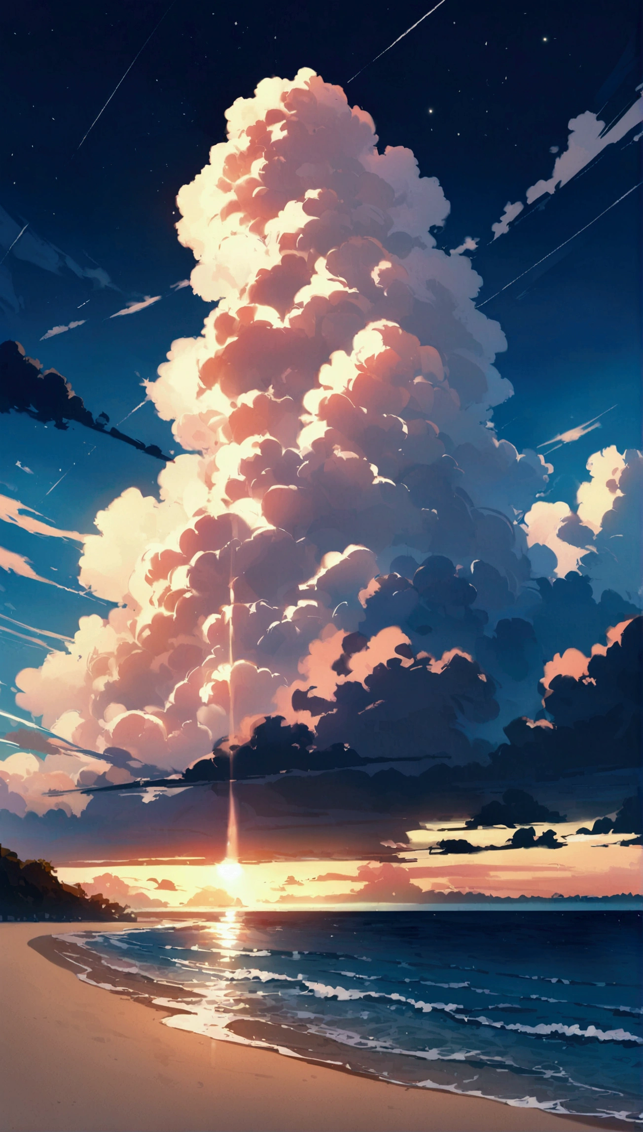 , Ocean, Cumulonimbus, Big Clouds, Sandy Beach, Bright mood, space, The sun&#39;s light illuminates the world, masterpiece, horizontal line, evening, beach,