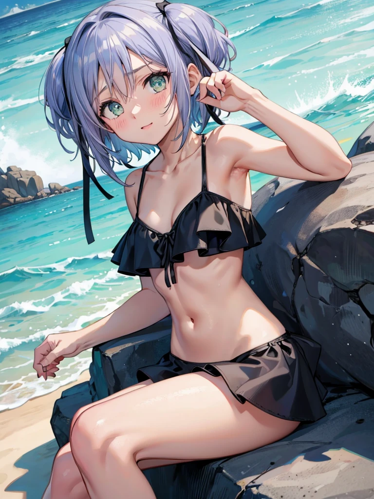 blush,Black ruffled bikini,Mitsukai Skull,Sandy Beach,Sitting flat