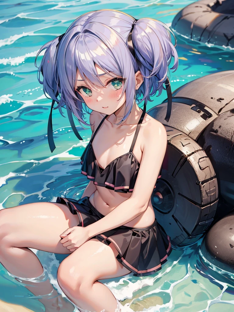 blush,Black ruffled bikini,Mitsukai Skull,Sandy Beach,Sitting flat