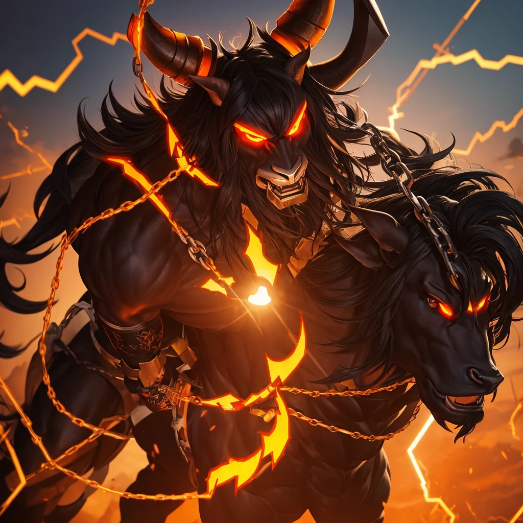 Dark minotaur with shadows full of orange chains with pieces of iron anime style