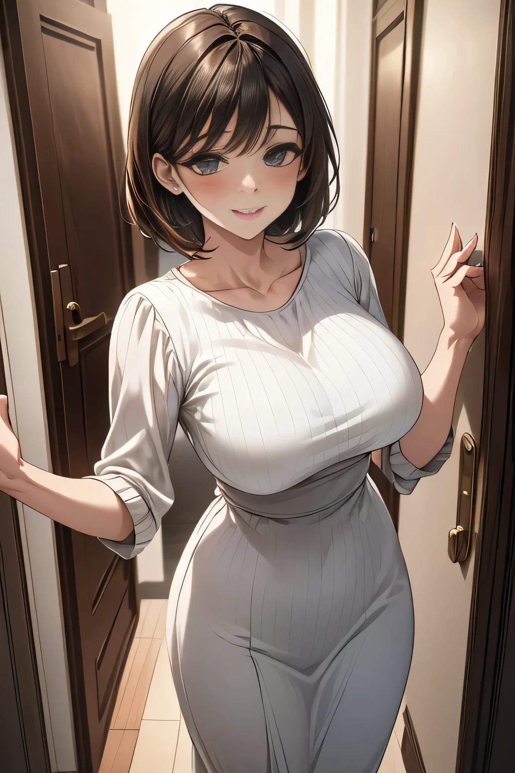 /(Modern house interior/), Only One Woman, Mature Woman, /(blue ribbed 汗er/), bangs, kind, Blushed Smile, (Top quality masterpiece:1.2) Delicate illustrations, Very detailed, Large Breasts、((Elegance)), In front of the entrance door、visit、(Full Shot)),