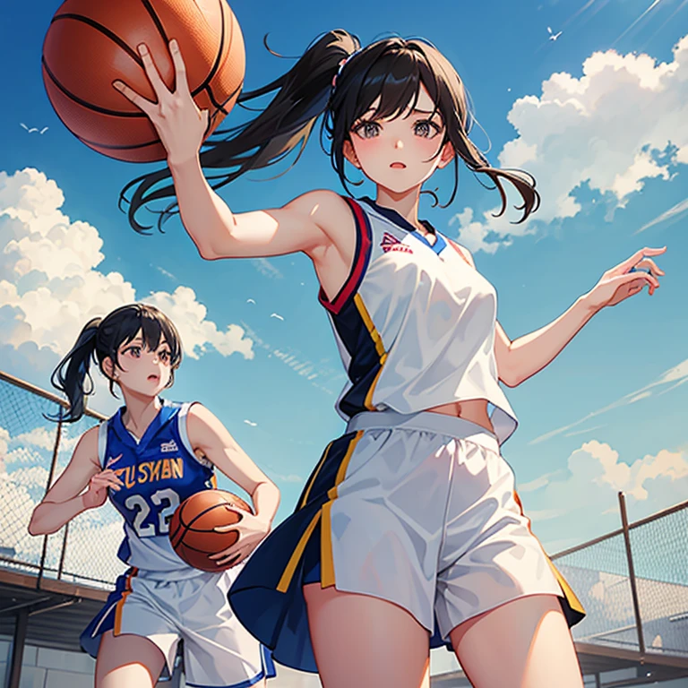Beautiful girl playing basketball、only one ball, ponytail、Basketball Uniform、Shorten the shot、Wind lift lifts the uniform、Abdominal flash