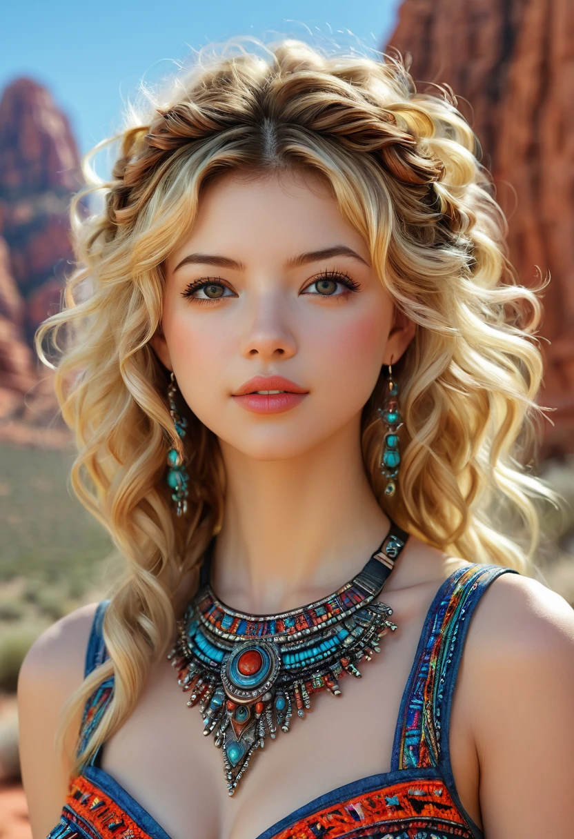 Beautiful boho women stunning merge of Masiela Lusha with colorful southwestern style dress. colorful southwestern earing and. jewelry, blond colored hair that is coarse, wiry, and tightly curled. It often has a rough texture, feels stiff to the touch, and may be prone to frizz and tangling. The curls can be densely packed. The Official Art – An Award-Winning Digital Masterpiece In 4K Ultra HD, Extreme Detail And Intricate Realism. symmetrical face. This Concept Art Brought To Life By The Hands Of Artists Like Wlop & Artgerm In A Stunning 2D Vector Illustration. large, perky, full, vuluptious, symmetrical and spherical breasts. Background is a beautiful panoramic vista of a red rock canyon.