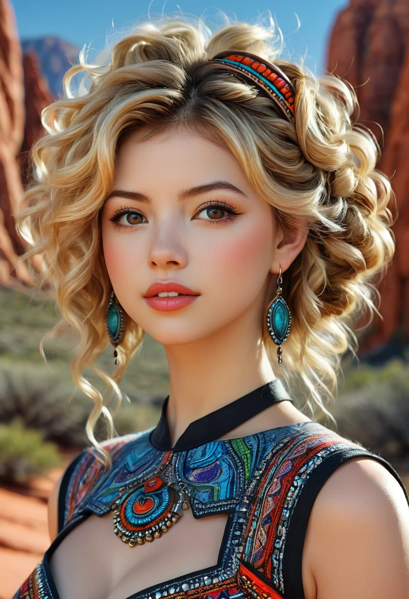 Beautiful boho women stunning merge of Masiela Lusha with colorful southwestern style dress. colorful southwestern earing and. jewelry, blond colored hair that is coarse, wiry, and tightly curled. It often has a rough texture, feels stiff to the touch, and may be prone to frizz and tangling. The curls can be densely packed. The Official Art – An Award-Winning Digital Masterpiece In 4K Ultra HD, Extreme Detail And Intricate Realism. symmetrical face. This Concept Art Brought To Life By The Hands Of Artists Like Wlop & Artgerm In A Stunning 2D Vector Illustration. large, perky, full, vuluptious, symmetrical and spherical breasts. Background is a beautiful panoramic vista of a red rock canyon.
