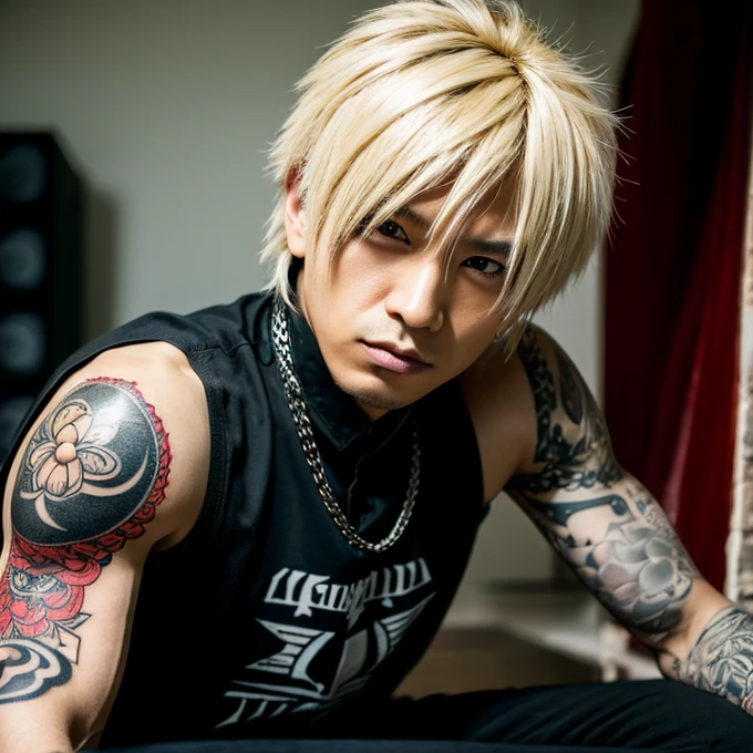 Japanese gothic rocker man, male, Asian eyes, muscular, broad shoulders, yakuza tattoos, hairstyle Visual Kei style, hair Visual Kei, black men's shirt and black pants, ultra detailed face, hyperrealistic, realistic representation,  30 years old, age 30 years,, blonde hair