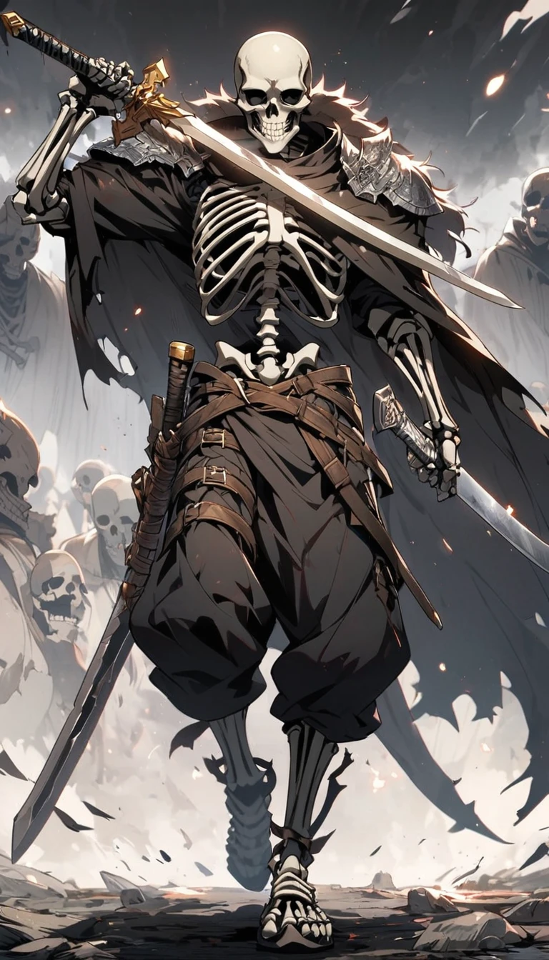 pov, Skeleton Warrior, holding Sword, Skeleton ,fullbody,full body, capes, detailed