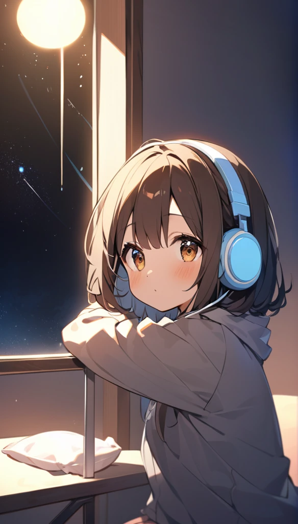 Cute brown haired girl with headphones、Sitting in a dark room。The starry sky is visible from the window and the moonlight shines in.、Illuminate the girl。humid。
