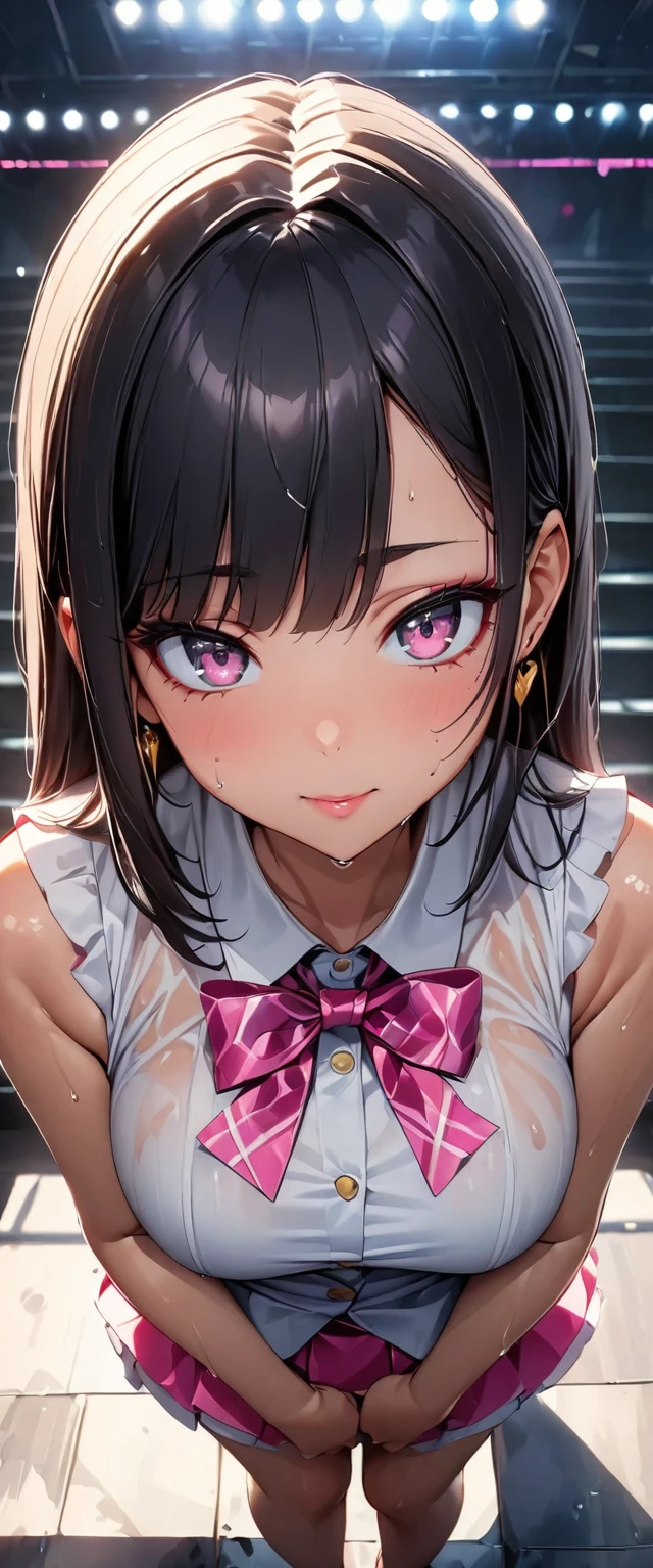 (Perfect Anatomy)、Mastepiece、Ultra High Quality、 8k、masterpiece、Highest quality、Ultra-high resolution、Maximum resolution、Very detailed、Professional Lighting、anime、woman、thin、Very beautiful face、Very beautiful eyes、(Highly detailed eye)、Highly detailed face, Golden earrings、Black Hair,、Pink eyes, Braiding、Straight bangs, contouring, makeup, eyeliner, eye shadow, pink cheek, pink lips, full body, standing, idol clothes, wet skin, shiny skin, (((1girl))),