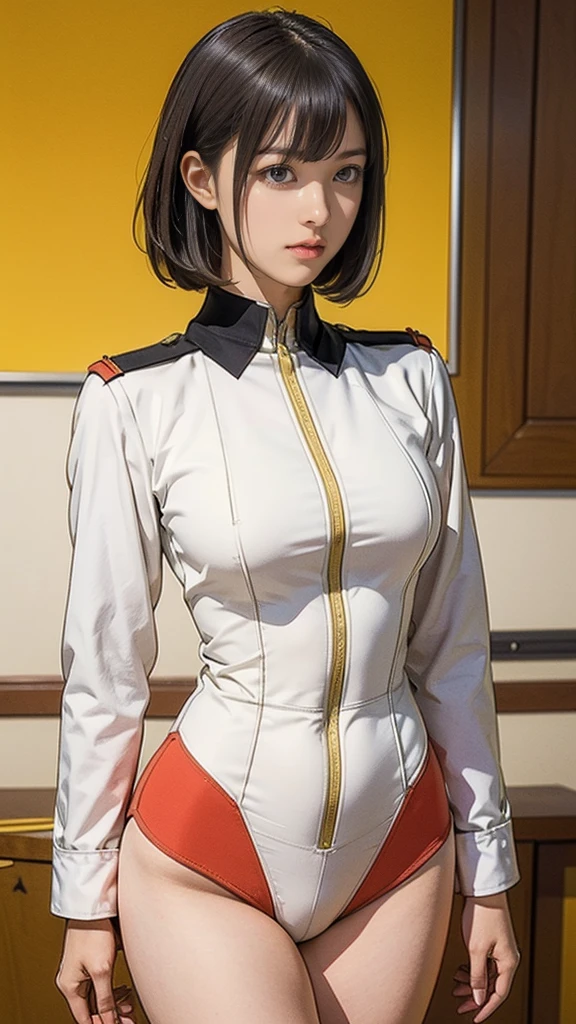 -yeld giEarth Federation Operator Girl Soldier、Black short hair、Idol-level cuteness、Childish face and appearance、Accurately drawn faces、thin、(leotard:1.3)、Earth Federation Military Uniform、White uniform、(A uniform that fits the body:1.3)、Very thin thighs、Inside the bridge of a battleship、Low angle shot、Anatomically correct、Accurate Fingers、Accurate Rimbuster Piece、Photorealization