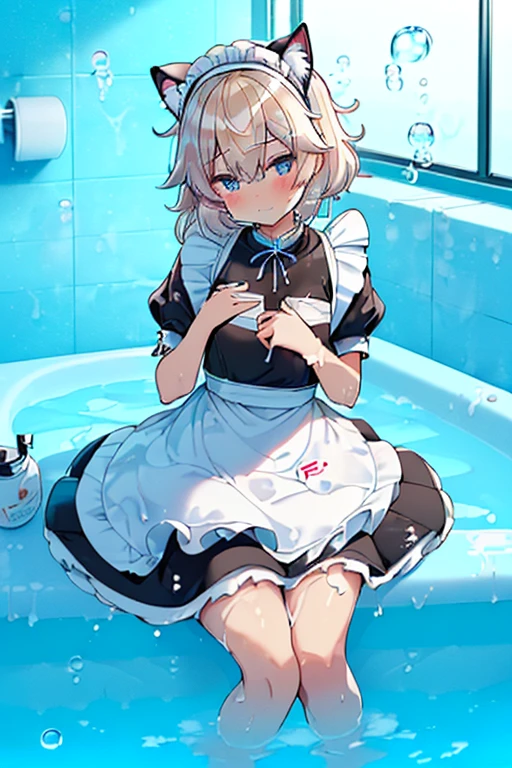 (Ultra high quality:1.6), (Highest quality:1.6), (Attention to detail:1.4), (Ultra-high resolution:1.6), (Detailed face:1.6), (Perfect Face:1,5), (Beautiful Eyes:1,6), (Detailed eyes:1.6), (Maid clothes, White apron, Headband, Black Dress, Blue ribbon, Maid clothes, Classic, Small breasts, Long:1.4), (白と黒のMaid clothes:1.6), (Blonde, Blue Eyes, Cat ear:1.5), cute, The best smile, Soaking wet, (Water droplets all over the body:1.4), (全身White foamまみれ:1.4), (Swimming in clothes, bathing, Bathroom, Longの浴槽:1.6), (relax, Relax:1.6), (Bubble bath:1.4, White foam:1.4), (Maid clothesのまま浴槽に浸かる:1.4), 衣服にもWhite foam, (Submerged from toes to chest:1.6), shampoo, Body Soap, 