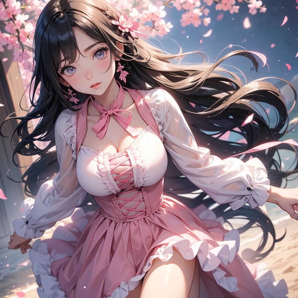 Big breasted horse ear girl running as fast as she can in a pink frilly dress、Black Hair、Lady Hair、evening、Masterpiece。