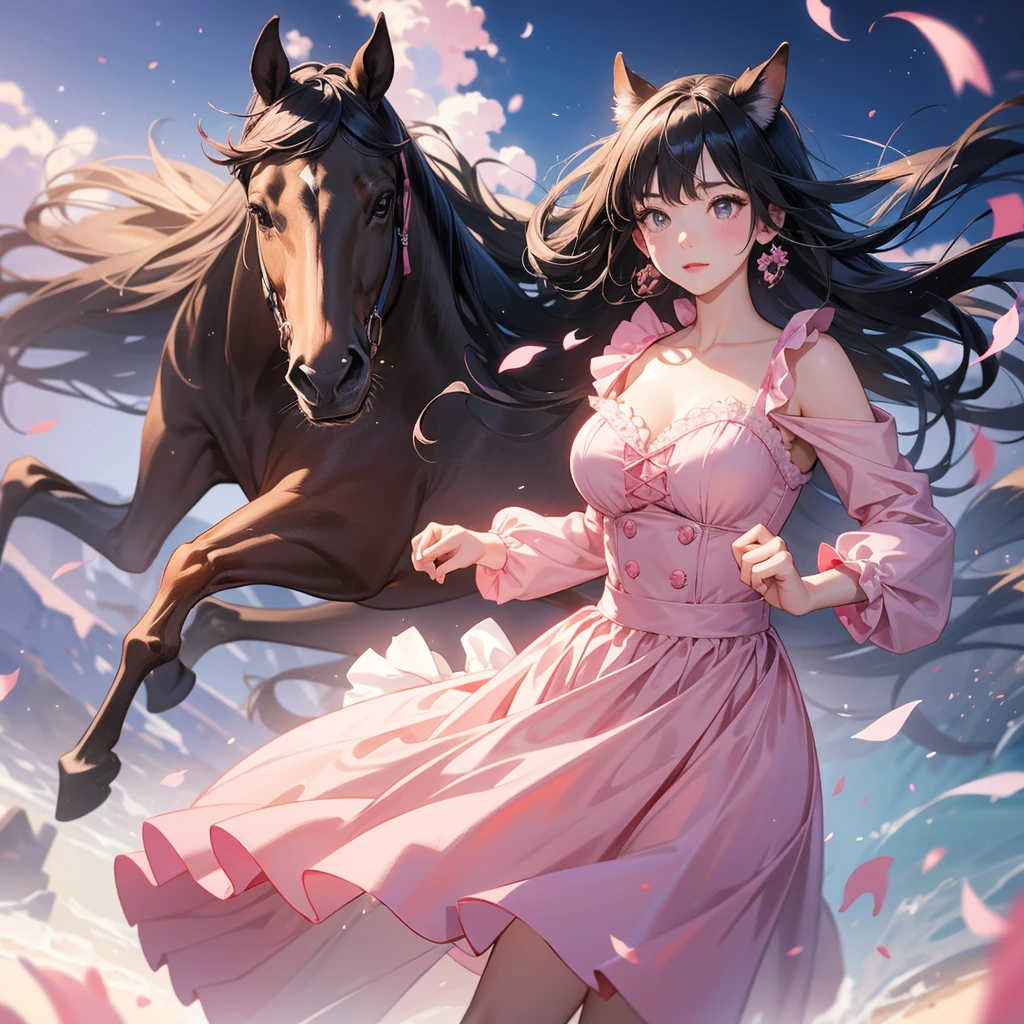 Big breasted horse ear girl running as fast as she can in a pink frilly dress、Black Hair、Lady Hair、evening、Masterpiece。