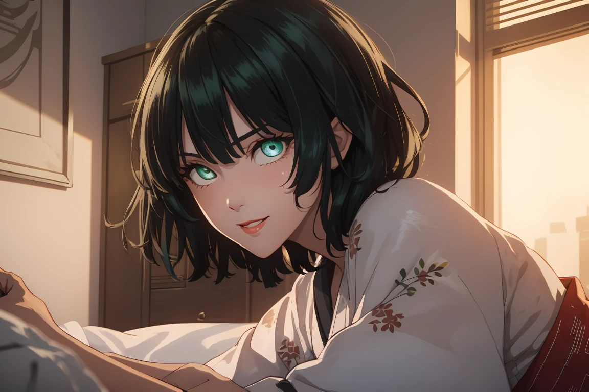 green eyes, (green color hair:1.2),By bang，short hair, flawless skin,dainty smile,vibrant red lips,
BREAK (bath yukata,purple bra:1.2)
BREAK laying on bed, looking at viewer, side angle, blush,
BREAK (masterpiece:1.2), best quality, high resolution, unity 8k wallpaper, (illustration:0.8), (beautiful detailed eyes:1.6), extremely detailed face, perfect lighting, extremely detailed CG, (perfect hands, perfect anatomy),