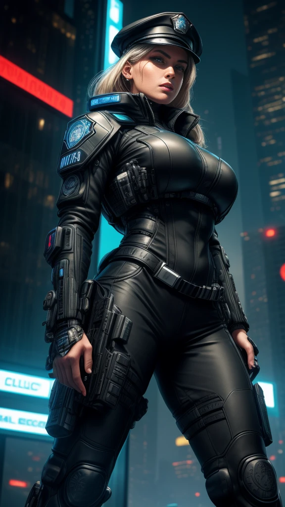 Maximum image quality，outstanding details，Borg，The cyborg police of the future，Wear a futuristic  sexy SWAT uniform..，an eye is a camera, cyborg,short skirt，She stood in front of the police car...，heavy body，Sexy and robust，Detailed abs，Detailed muscle lines，dynamic poses，the night，Future city street view background，Neon light，sense of science and technology，future technology，Very detailed cyberpunk style...，cyber punk character，Highly detailed police uniforms...，Highly detailed police cap...，Police badge，wear police cap，Very detailed weapons，The weapon of the future，intercom，wireless devices，Very detailed handcuffs...，Very detailed police equipment...，Highly detailed police car...，Future police car，Facade，Full body photo，Look from the bottom up，look from below, I look at the viewer，Locks