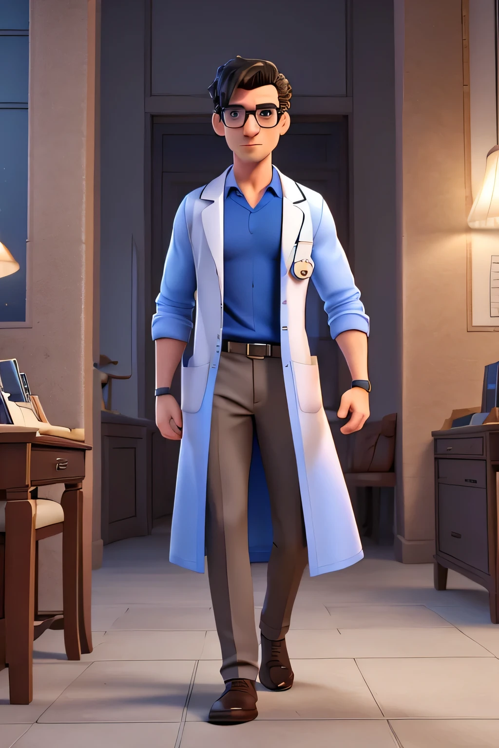 Create a high-quality male character in 4K definition, representing a doctor who looks like Dr.. Paul muses. He must wear glasses and have black hair. The character must be wearing a white coat and a blue shirt underneath. Your body must be extremely strong and muscular, similar to that of a bodybuilder, but maintaining a professional and confident appearance. 
