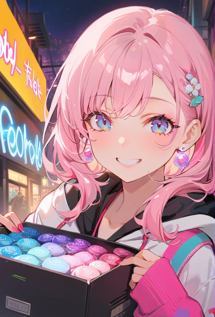 A girl is using a smart parcel locker to open a box and smiles,Detailed background, masterpiece, best quality, Smile, decorate, hood, portrait, Neon Pink, Graffiti, dark, night, Bright Eyes, Purple Light