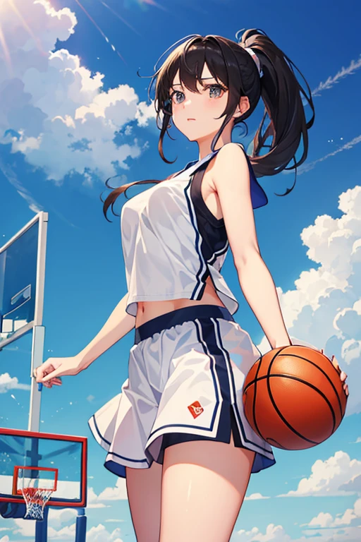Beautiful girl playing basketball、only one ball, ponytail、Basketball Uniform、Jump and throw the ball、Wind lift lifts the uniform、Abdominal flash
