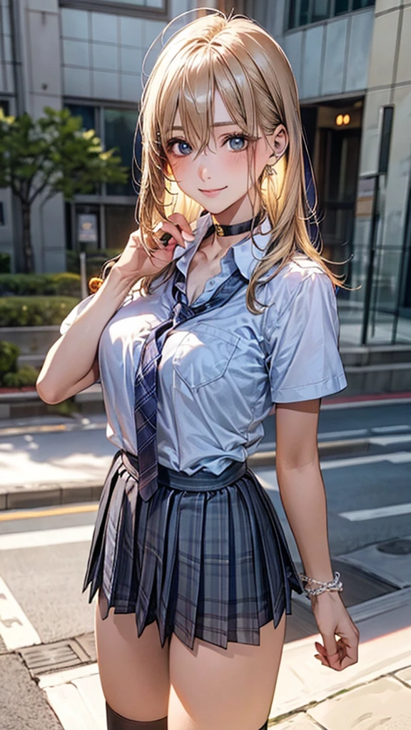 (masterpiece:1.2, top-quality), (realistic, photorealistic:1.4), beautiful illustration, (natural side lighting, movie lighting), 
looking at viewer, full body, 1 girl, japanese, high school girl, perfect face, cute and symmetrical face, suntan, shiny skin, 
(long hair:1.5, straight hair:1.4, blond hair), hair between eyes, emerald green eyes, long eye lasher, (large breasts:0.6), 
beautiful hair, beautiful face, beautiful detailed eyes, beautiful clavicle, beautiful body, beautiful chest, beautiful thigh, beautiful legs, beautiful fingers, 
((collared short sleeve shirt, light blue shirt, school uniform, grey plaid pleated skirt, navy tie), black choker, wrist chakra), light blue panties, 
(beautiful scenery), school, (liftting skirt, standing, open legs), (seductive smile, in heat), 