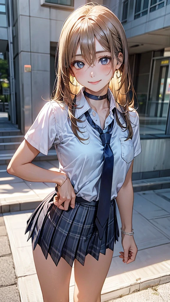(masterpiece:1.2, top-quality), (realistic, photorealistic:1.4), beautiful illustration, (natural side lighting, movie lighting),
looking at viewer, full body, 1 girl, japanese, high school girl, perfect face, cute and symmetrical face, suntan, shiny skin,
(long hair:1.5, straight hair:1.4, blond hair), hair between eyes, emerald green eyes, long eye lasher, (large breasts:0.6),
beautiful hair, beautiful face, beautiful detailed eyes, beautiful clavicle, beautiful body, beautiful chest, beautiful thigh, beautiful legs, beautiful fingers,
((collared short sleeve shirt, light blue shirt, school uniform, grey plaid pleated skirt, navy tie), black choker, wrist chakra), light blue panties,
(beautiful scenery), school, (liftting skirt, standing, open legs), (seductive smile, in heat),