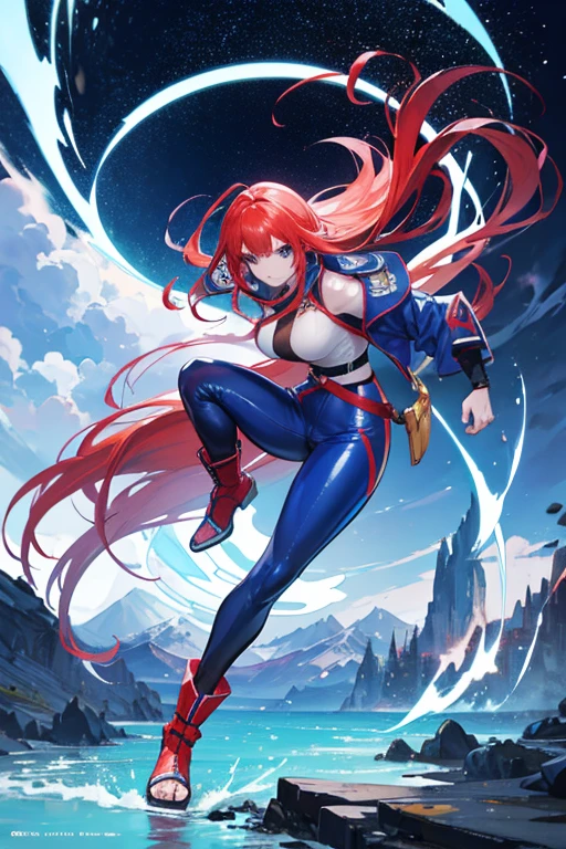 Profesora Sylara Stormblade in an anime style, as a tall, athletic Caucasian woman with long, vivid red hair and bright blue eyes. She is in a dynamic karate kick pose. Her attire includes tight-fitting blue leather pants and leather boots, which accentuate her athletic figure. The setting is a mountainous landscape, with the full-body image capturing the energy and style of anime action.