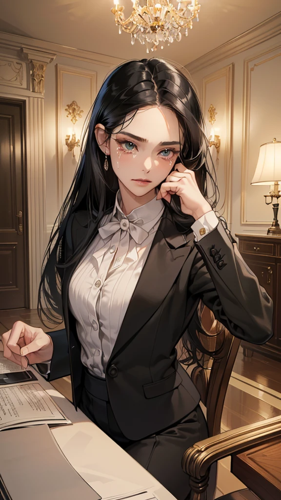 (masutepiece, Digital Art, Digital Illustration, 4K, 8K, Ultra-detailed, beautiful image, Sharp Image, Photorealistic, Raw photo, Perfect face, Perfect lines, Perfect eyes, Soft lighting) 1 woman, (Long Black Hair,straight haired,Bullish gaze,Beautie,ellegance,mannish,Wearing a suit,Solid makeup,23 y-o woman,small tits:1.3),Two handsome men in suits, (ember,Men in suits,well-muscled,Firm shoulder width,Adult male,Boyish hairstyle,English gentlemanly style,Man in his 30s with a cool expression,28-year-old man with bright smile:1.2),Antique furnishings,Antique Clamps,Antique chair,chandeliers,Crystal Glass,fantastical light,Marble fireplace,(First failure,irritation,Crying face,Beautiful crying face,vexation:1.2),At work,