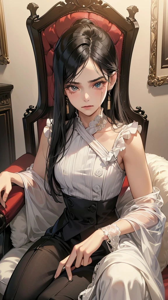 (masutepiece, Digital Art, Digital Illustration, 4K, 8K, Ultra-detailed, beautiful image, Sharp Image, Photorealistic, Raw photo, Perfect face, Perfect lines, Perfect eyes, Soft lighting) 1 woman, (Long Black Hair,straight haired,Bullish gaze,Beautie,ellegance,mannish,Wearing a suit,Solid makeup,23 y-o woman,small tits:1.3),Two handsome men in suits, (ember,Men in suits,well-muscled,Firm shoulder width,Adult male,Boyish hairstyle,English gentlemanly style,Man in his 30s with a cool expression,28-year-old man with bright smile:1.2),Antique furnishings,Antique Clamps,Antique chair,chandeliers,Crystal Glass,fantastical light,Marble fireplace,(First failure,irritation,Crying face,Beautiful crying face,vexation:1.2),At work,