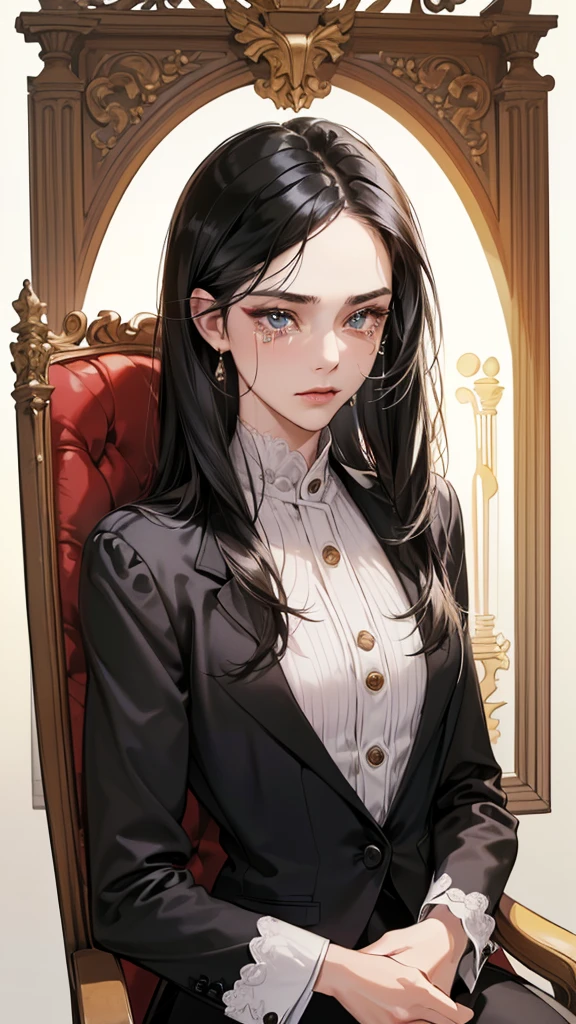 (masutepiece, Digital Art, Digital Illustration, 4K, 8K, Ultra-detailed, beautiful image, Sharp Image, Photorealistic, Raw photo, Perfect face, Perfect lines, Perfect eyes, Soft lighting) 1 woman, (Long Black Hair,straight haired,Bullish gaze,Beautie,ellegance,mannish,Wearing a suit,Solid makeup,23 y-o woman,small tits:1.3),Two handsome men in suits, (ember,Men in suits,well-muscled,Firm shoulder width,Adult male,Boyish hairstyle,English gentlemanly style,Man in his 30s with a cool expression,28-year-old man with bright smile:1.2),Antique furnishings,Antique Clamps,Antique chair,chandeliers,Crystal Glass,fantastical light,Marble fireplace,(First failure,irritation,Crying face,Beautiful crying face,vexation:1.2),At work,