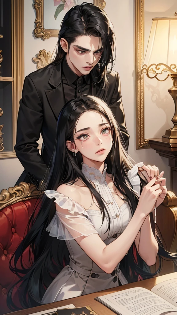 (masutepiece, Digital Art, Digital Illustration, 4K, 8K, Ultra-detailed, beautiful image, Sharp Image, Photorealistic, Raw photo, Perfect face, Perfect lines, Perfect eyes, Soft lighting) 1 woman, (Long Black Hair,straight haired,Bullish gaze,Beautie,ellegance,mannish,Wearing a suit,Solid makeup,23 y-o woman,small tits:1.3),Two handsome men in suits, (ember,Men in suits,well-muscled,Firm shoulder width,Adult male,Boyish hairstyle,English gentlemanly style,Man in his 30s with a cool expression,28-year-old man with bright smile:1.2),Antique furnishings,Antique Clamps,Antique chair,chandeliers,Crystal Glass,fantastical light,Marble fireplace,(First failure,irritation,Crying face,Beautiful crying face,vexation:1.2),At work,